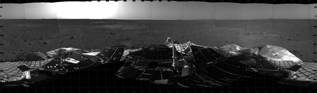 This mosaic image taken on Jan. 4, 2004, by the navigation camera on the Mars Exploration Rover Spirit, shows a 360 degree panor