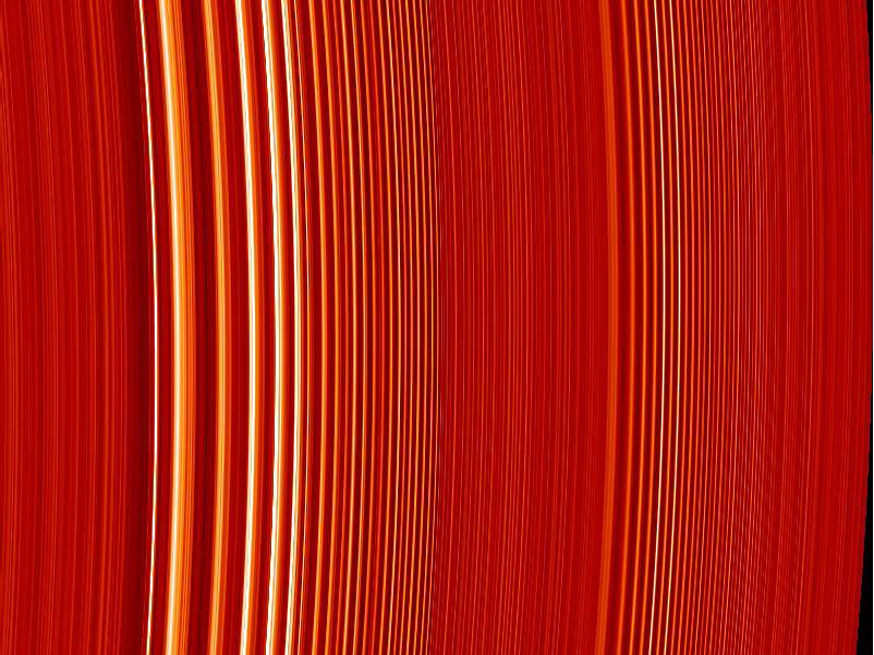Closeup of Saturn rings colorized in red