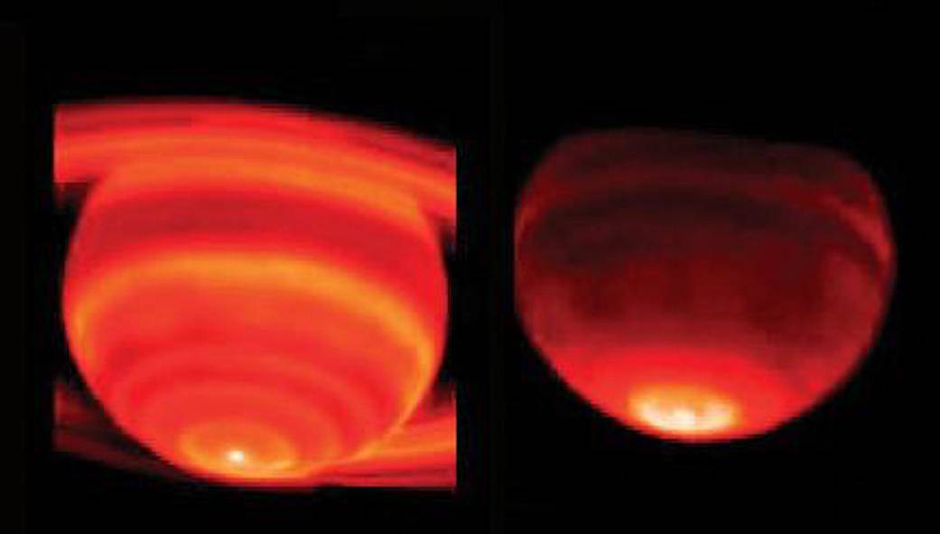 These side-by-side false-color images show Saturn's heat emission.