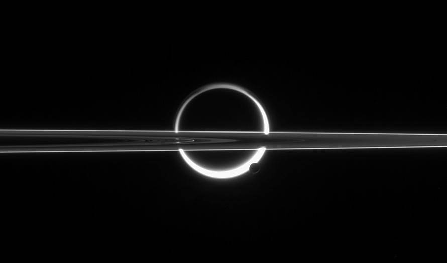 Saturn rings and crescent of Titan