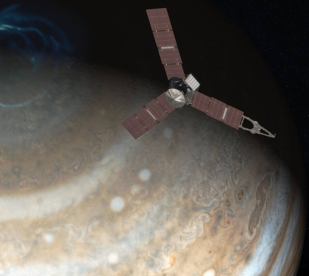 This artist's rendering shows NASA's Juno spacecraft above the north pole of Jupiter