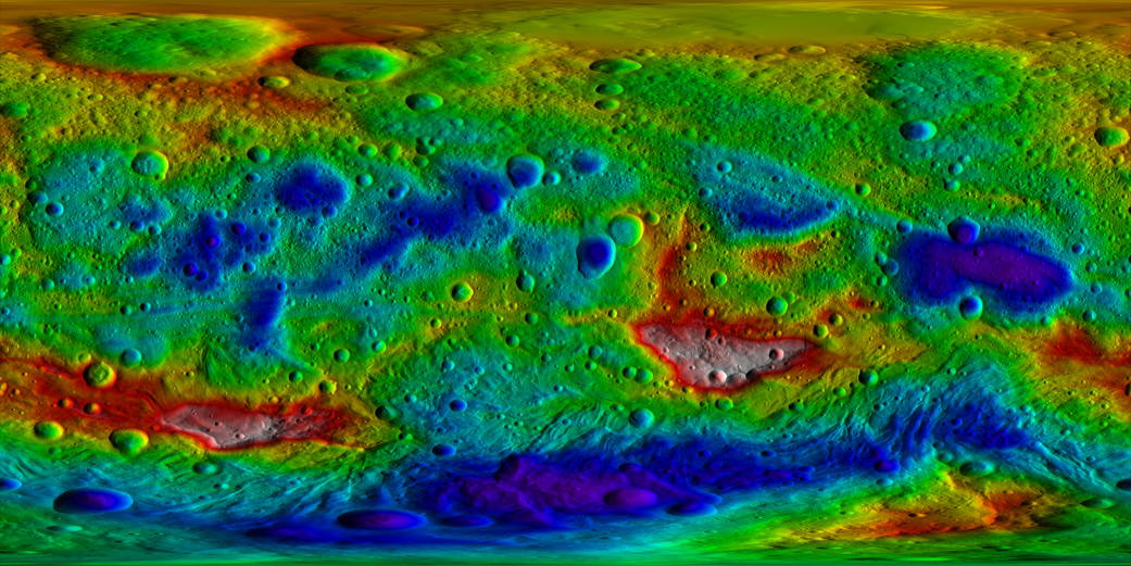 Color-coded topography map of giant asteroid Vesta 