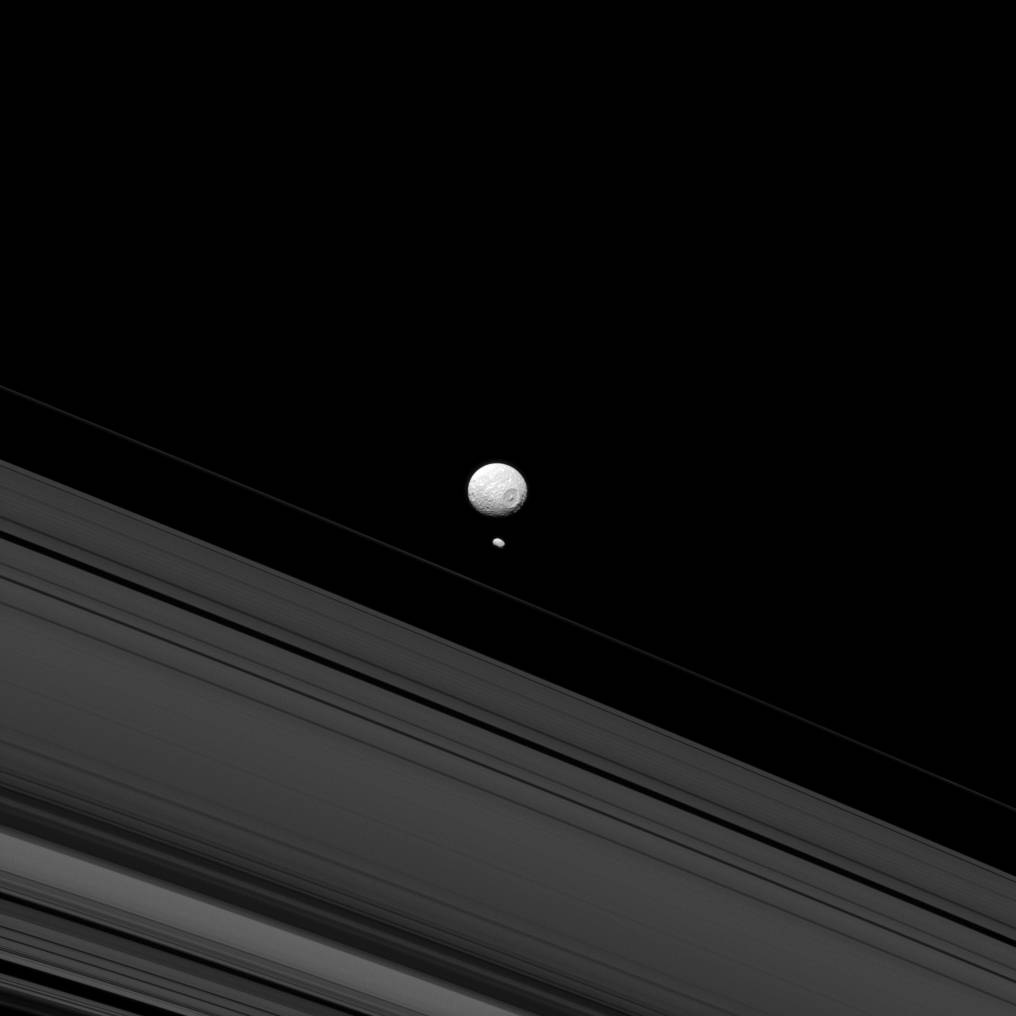 The Saturn moons Mimas and Pandora appear together  in this image taken by the narrow-angle camera aboard NASA's Cassini spacecr