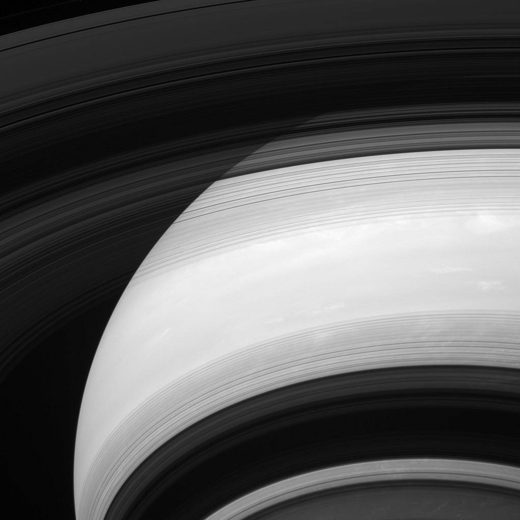 This view of Saturn looks toward the unilluminated side of the rings from about 28 degrees below the ringplane. 