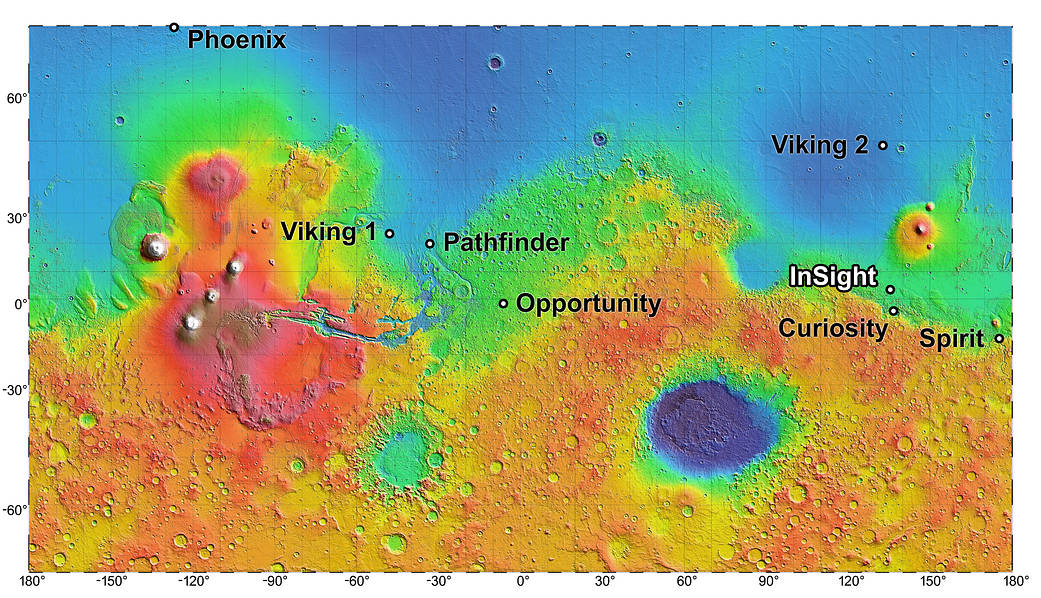 Map showing landing site for InSight and other NASA missions