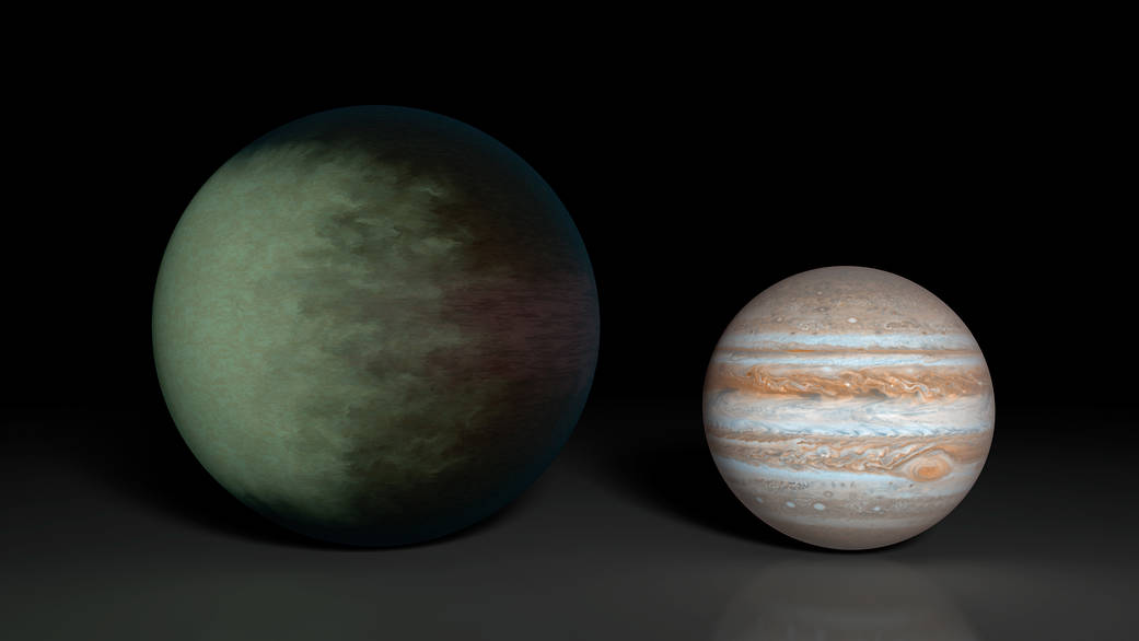 Kepler-7b (left), which is 1.5 times the radius of Jupiter (right)