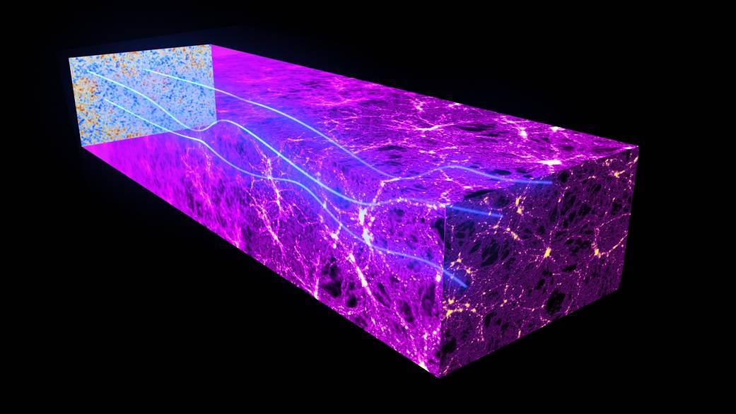 This artist's impression shows how photons from the early unonal lensing effect of massive cosmic structures 