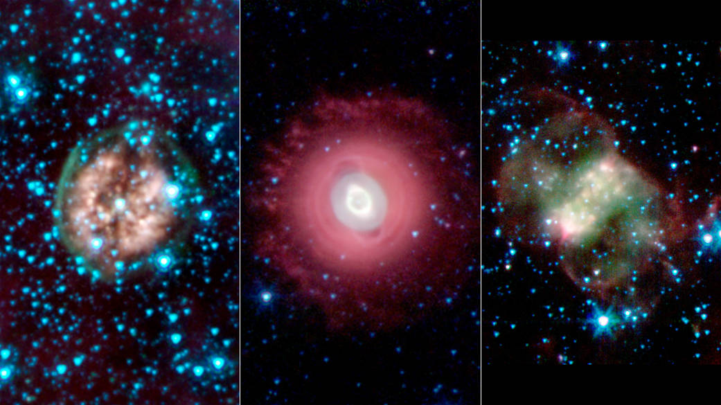This trio of ghostly images from NASA's Spitzer Space Telescope shows the disembodied remains of dying stars called planetary ne