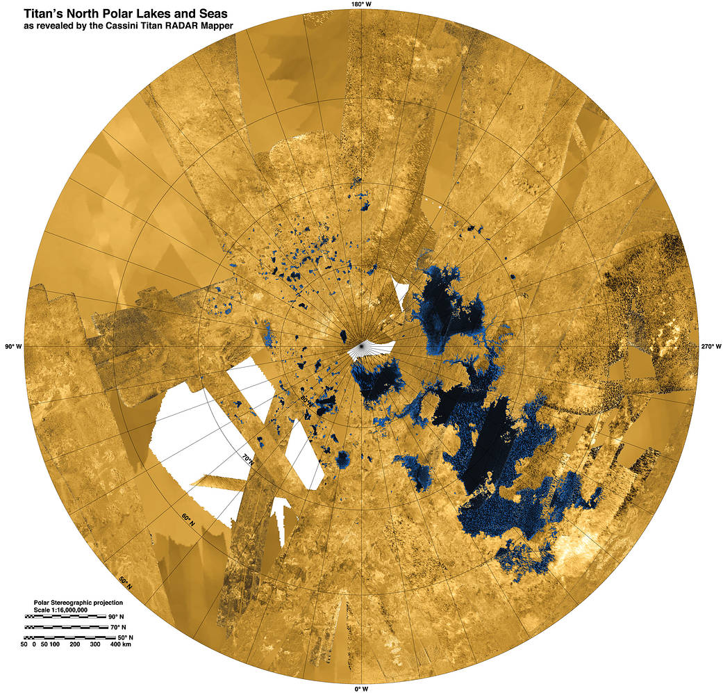 This colorized mosaic from NASA's Cassini mission shows the most complete view yet of Titan's northern land of lakes and seas