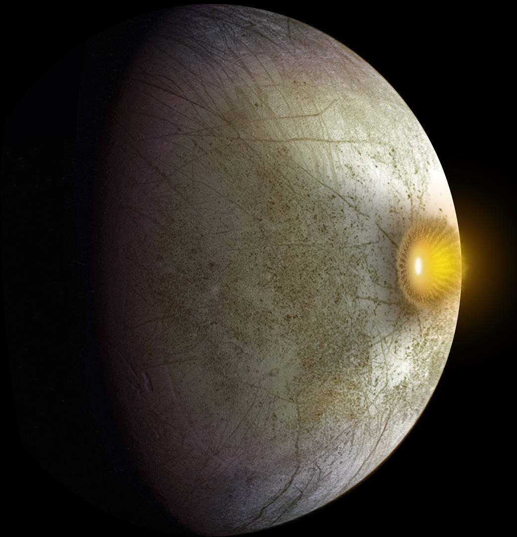 This artist's concept shows a possible explosion resulting from a high-speed collision between a space rock and Jupiter's moon E