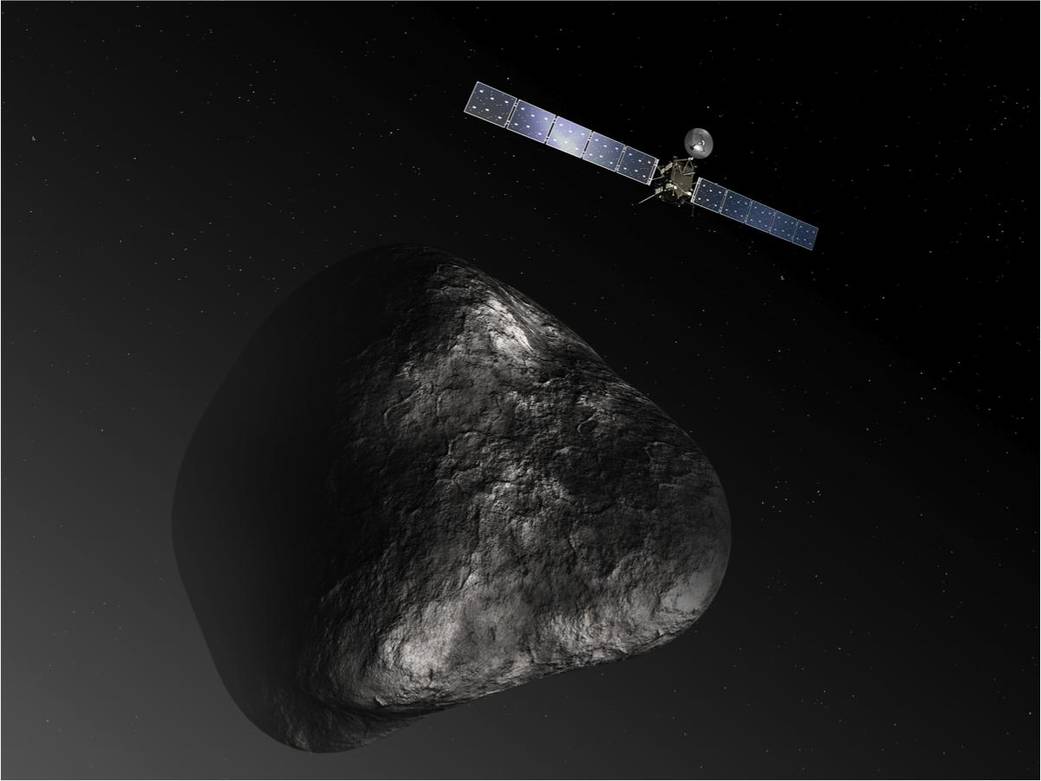 Artist concept of comet with Rosetta spacecraft orbiting