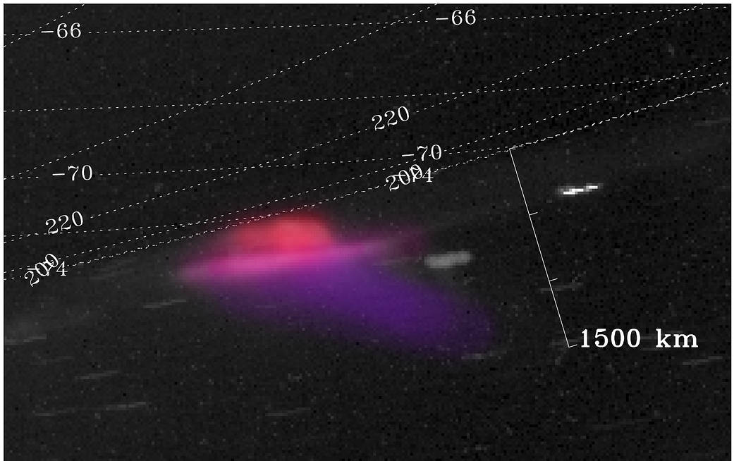 Annotated image of colorful aurora on Saturn