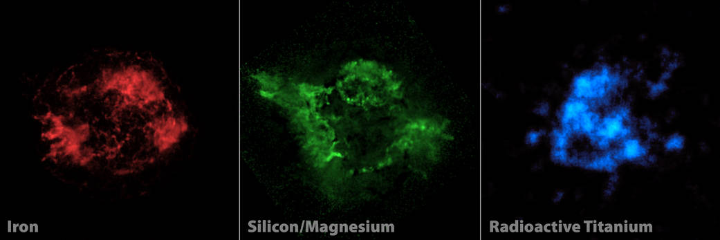 NuSTAR is complementing previous observations of the Cassiopeia A supernova remnant (red and green) by providing the first maps 