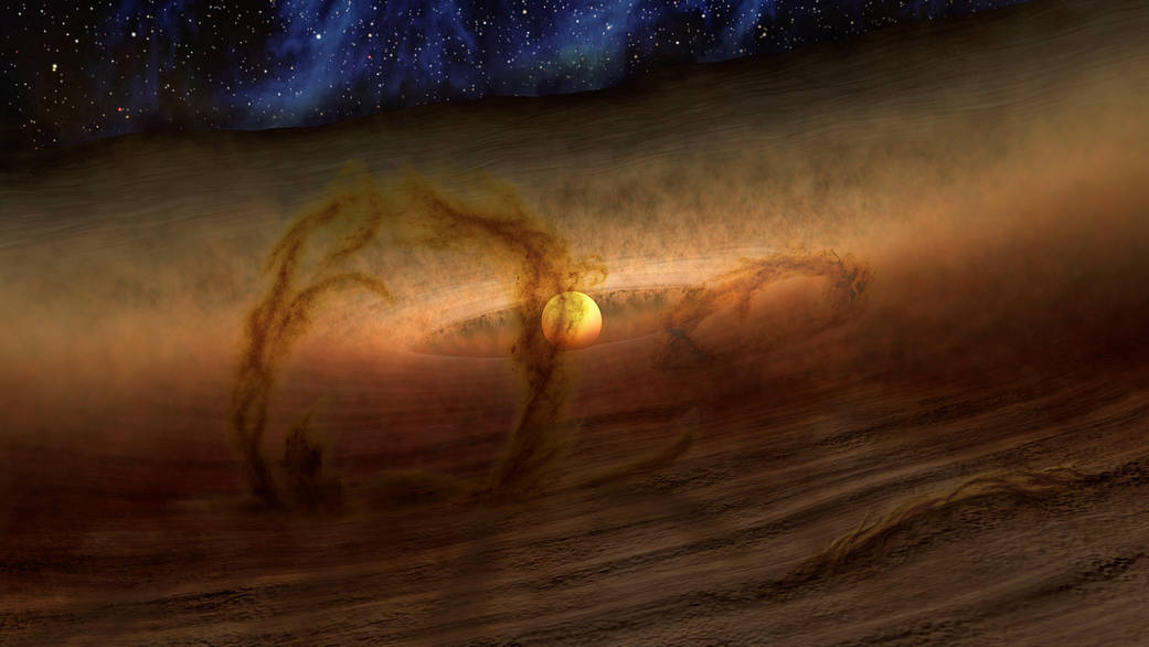Magnetic loops carry gas and dust above disks of planet-forming material circling stars, as shown in this artist's conception