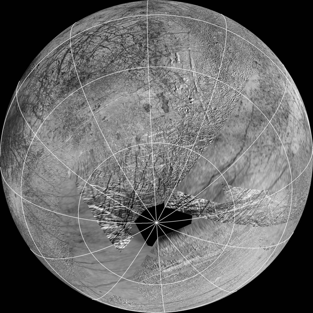 This reprojection of the official USGS basemap of Jupiter's moon Europa is centered at the estimated source region for potential