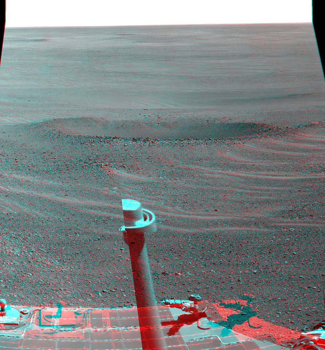 This stereo view from NASA's Mars Exploration Rover Opportunity shows "Lunokhod 2 Crater," 