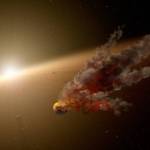 This artist's conception shows one such smash-up, the evidence for which was collected by NASA's Spitzer Space Telescope