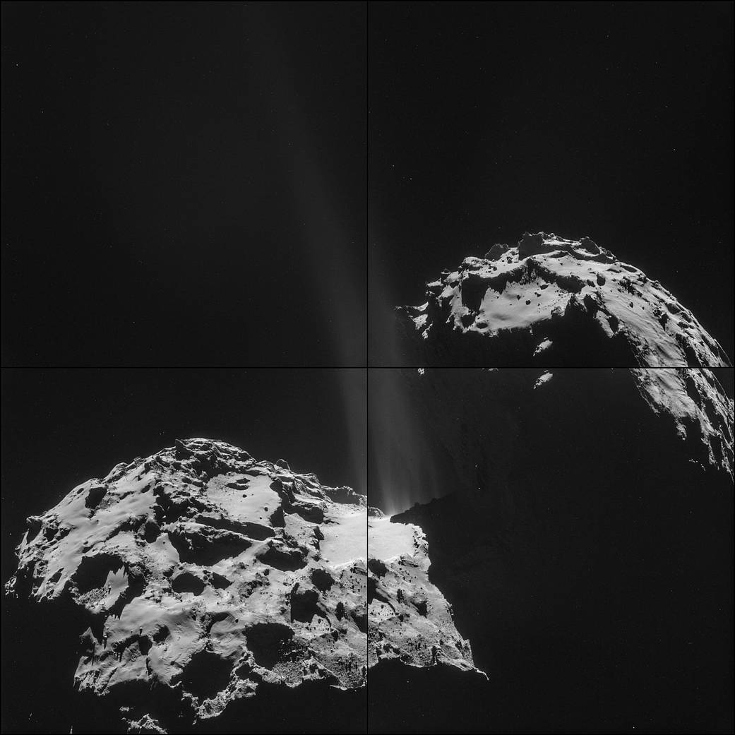 An image taken by the ESA Rosetta spacecraft shows jets of dust and gas escaping from the nucleus of comet 67P/Churyumov–Geras