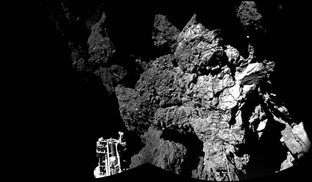 Rosetta image showing closeup of surface of Comet 67P/Churyumov-Gerasimenko, with Philae lander.