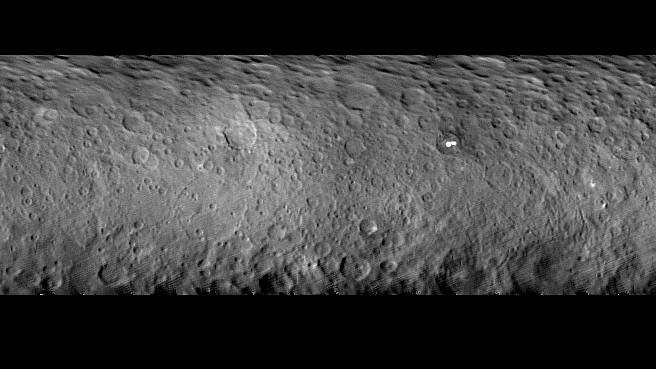 The surface of Ceres is covered with craters of many shapes and sizes, as seen in this mosaic of the dwarf planet. 