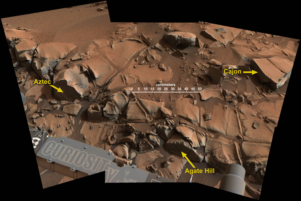 This view from the Mast Camera (Mastcam) on NASA's Curiosity Mars rover shows a swath of bedrock called "Alexander Hills." 
