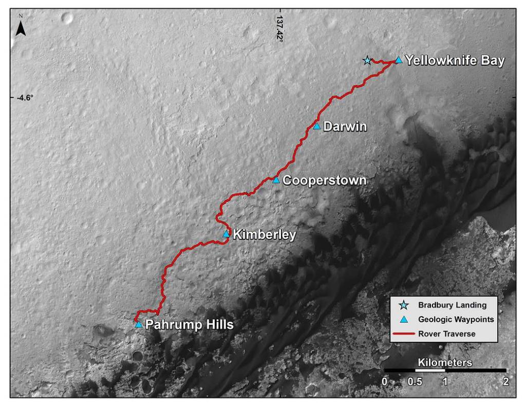 Curiosity Mars Rover’s Route from Landing to Base of Mount Sharp