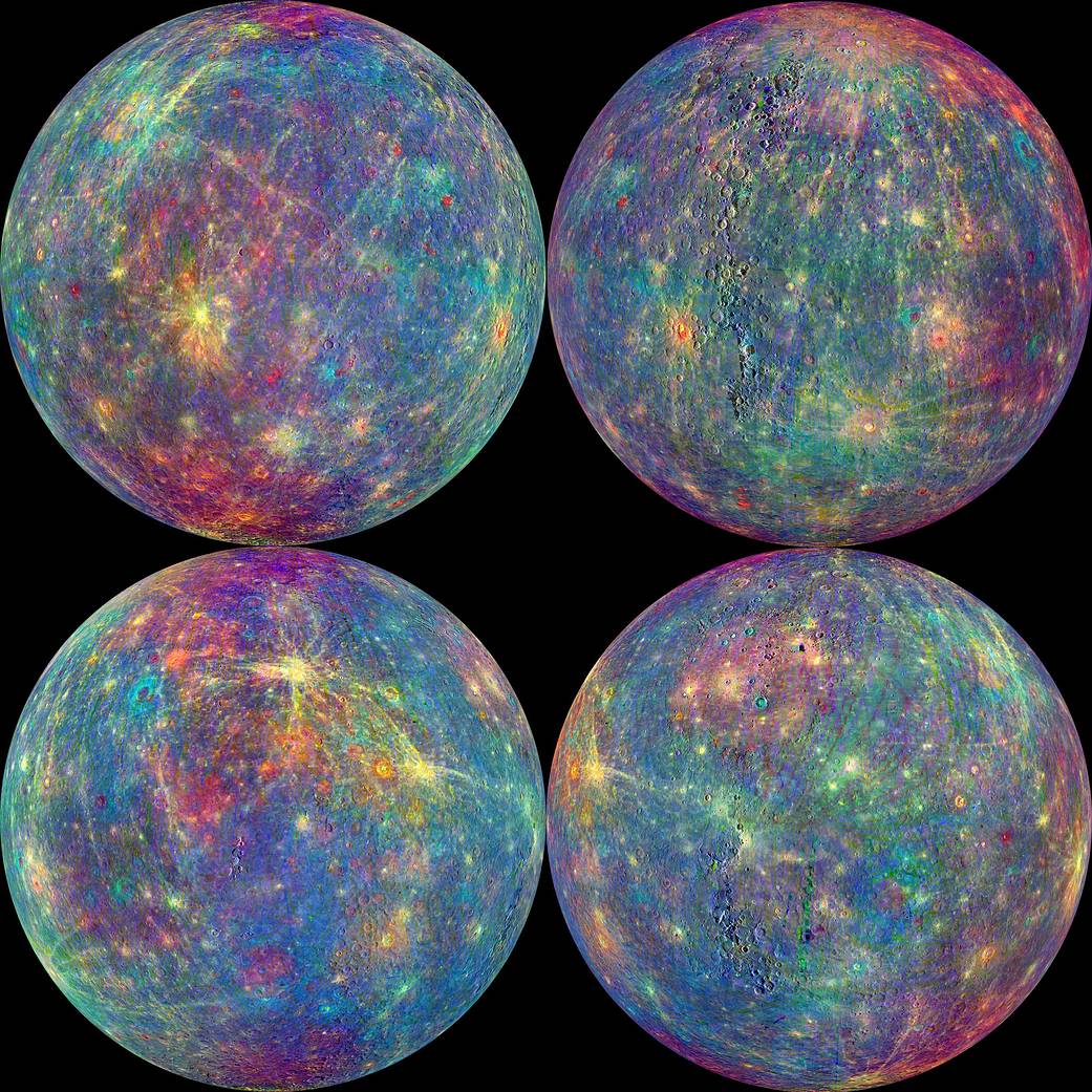 Four views of planet Mercury showing surface detail