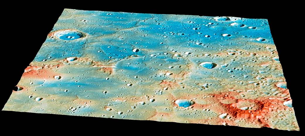 Topography color coded image of section of Mercury's surface