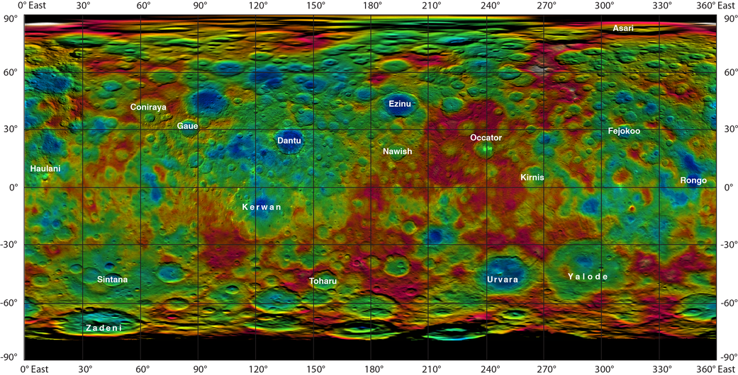 This color-coded map from NASA's Dawn mission shows the highs and lows of topography on the surface of dwarf planet Ceres