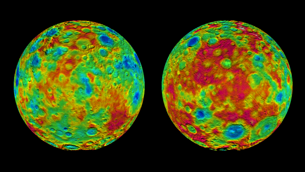 This color-coded map from NASA's Dawn mission shows the highs and lows of topography on the surface of dwarf planet Ceres. It is