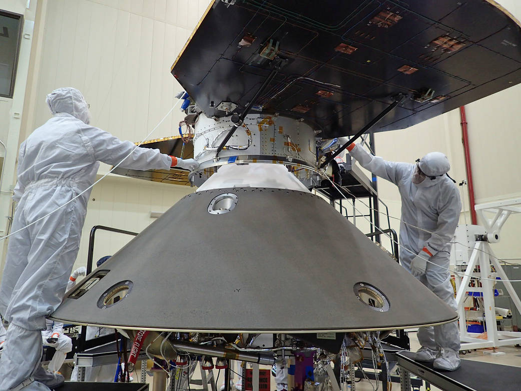 Lowering InSight's cruise stage onto back shell