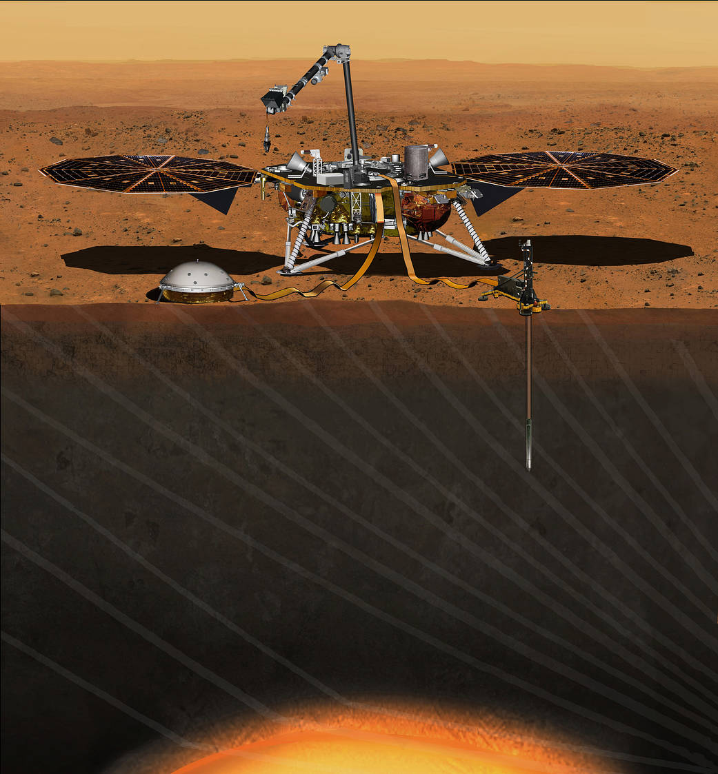This artist's concept depicts NASA's InSight Mars lander fully deployed for studying the deep interior of Mars