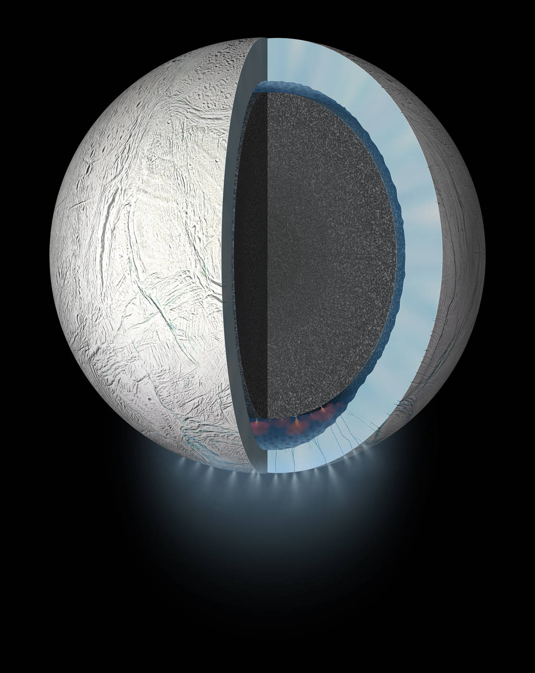 Artist’s rendering showing a cutaway view into the interior of Saturn’s moon EnceladuA
