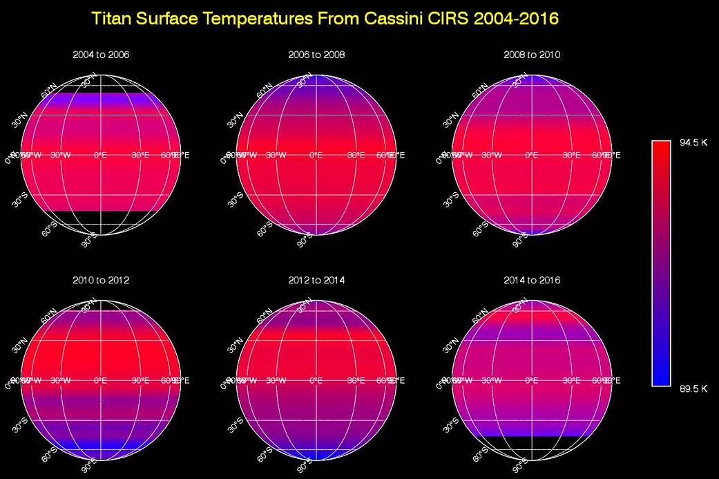 This sequence of maps shows varying surface temperatures on Saturn's moon Titan at two-year intervals