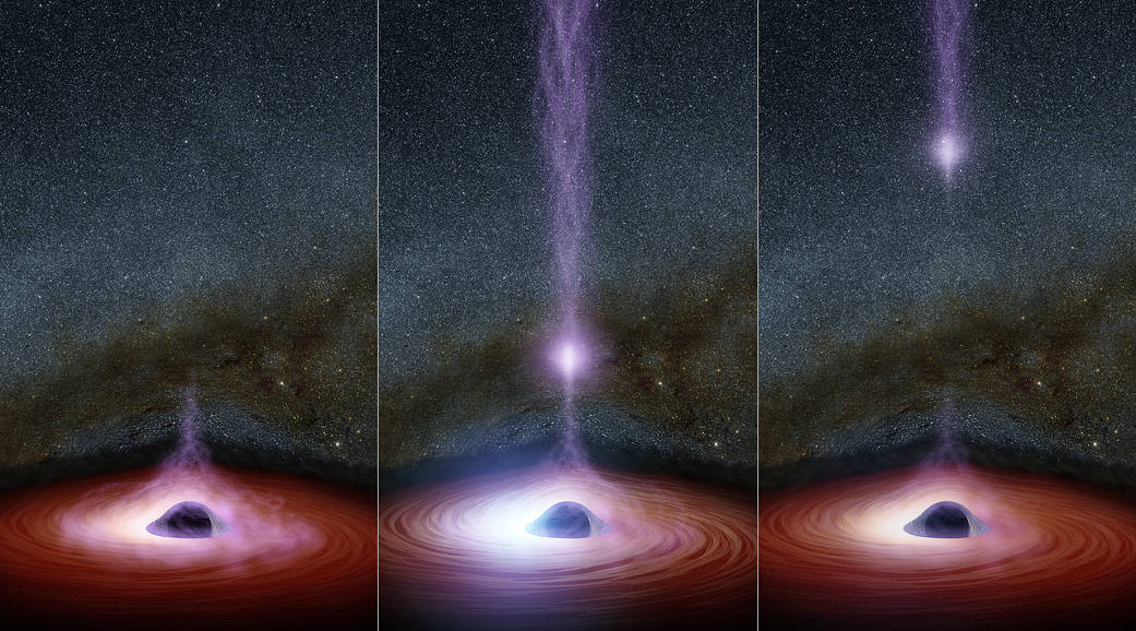 This diagram shows how a shifting feature, called a corona, can create a flare of X-rays around a black hole