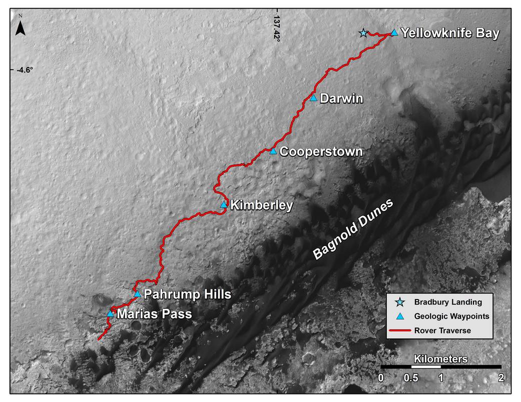 Curiosity Rover's Traverse, First 1,163 Sols on Mars