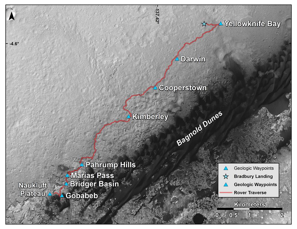 This map shows the route driven by NASA's Curiosity Mars rover