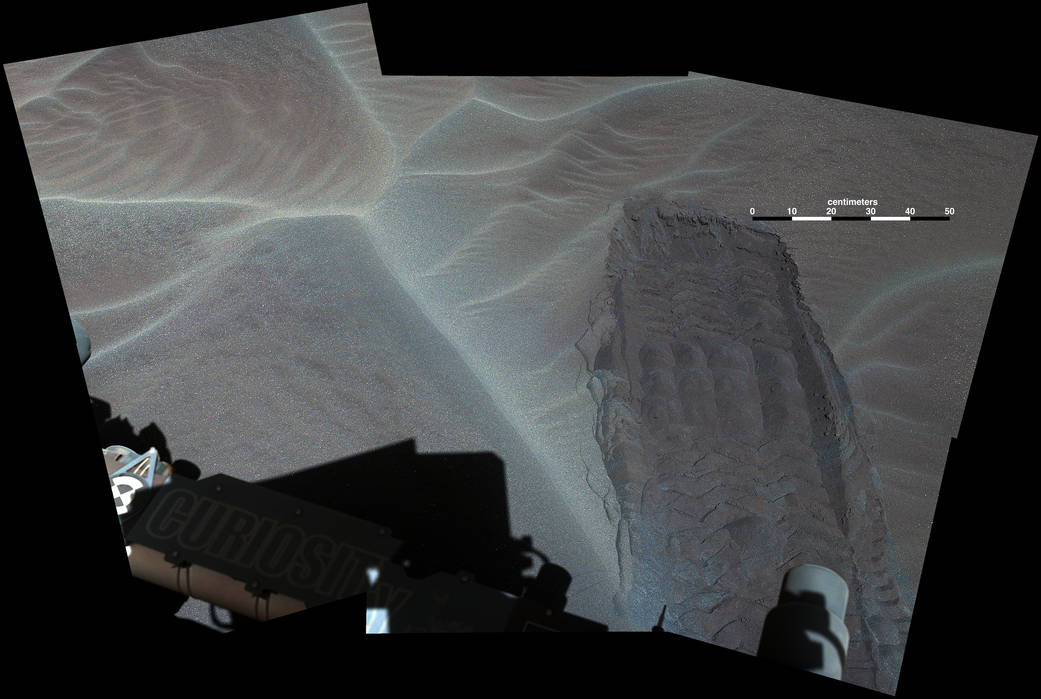 A wheel track left by NASA's Curiosity Mars rover 