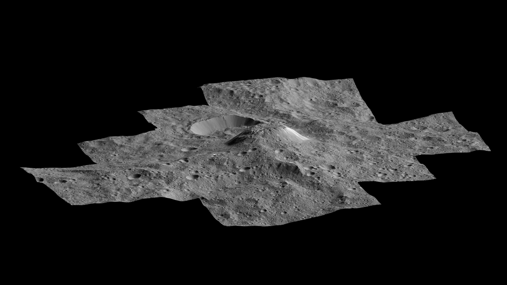 The side-perspective view of the mysterious mountain Ahuna Mons 