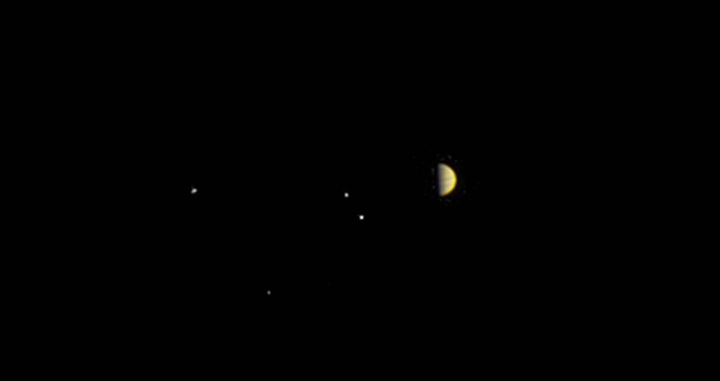 Jupiter and four moons photographed from a distance