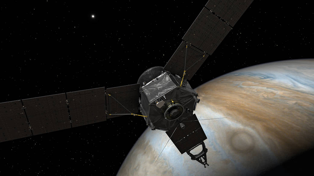 This illustration depicts NASA's Juno spacecraft at Jupiter