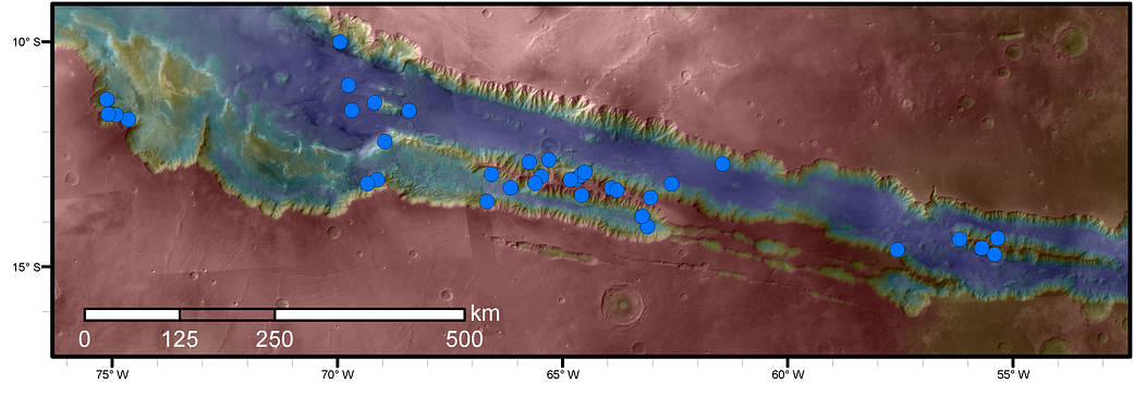 Blue dots on this map indicate sites of recurring slope lineae