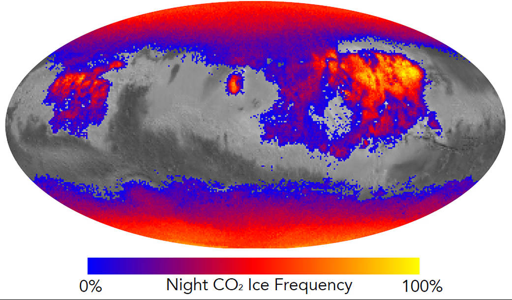 This map shows the frequency of carbon dioxide frost's presence at sunrise on Mars