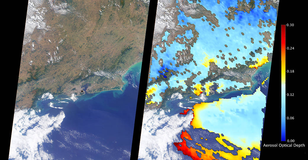 Satellite image of Rio de Janeiro at left paired with map of aerosols in the region on right