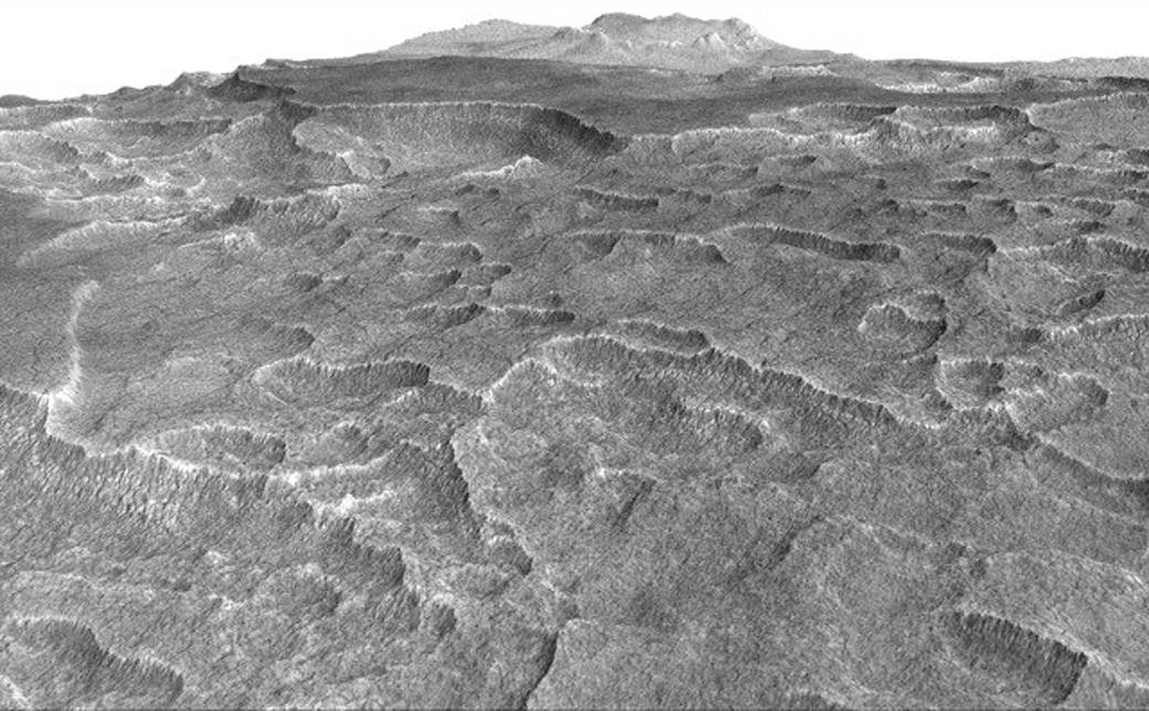 This vertically exaggerated view shows scalloped depressions in a part of Mars