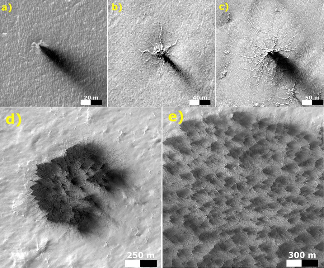 Five images from the HiRISE camera on NASA's Mars Reconnaissance Orbiter 