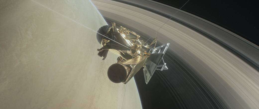 Illustration of Cassini spacecraft above Saturn