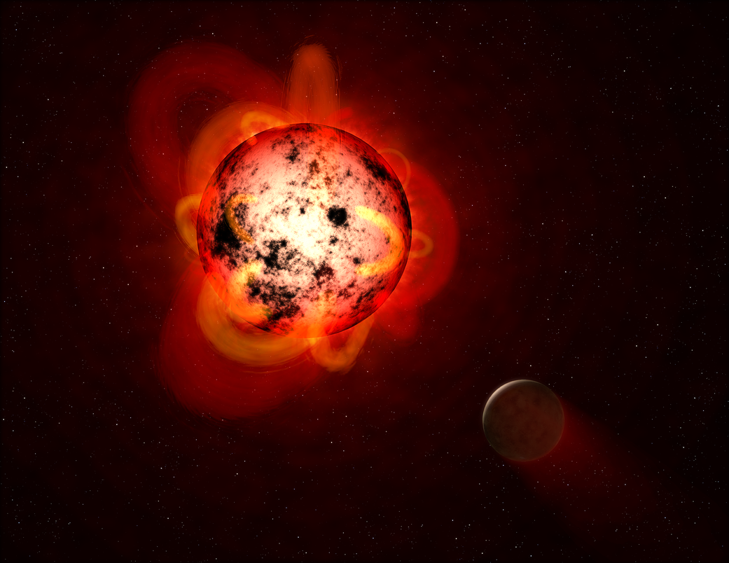Illustration shows a red dwarf star orbited by a hypothetical exoplanet