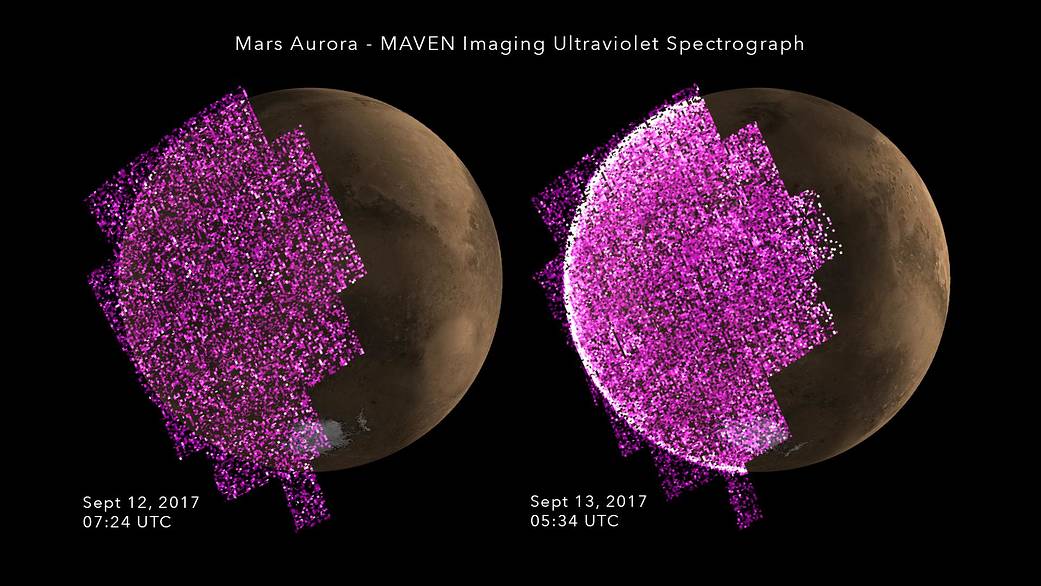 two images of mars with partial data overlay in purple