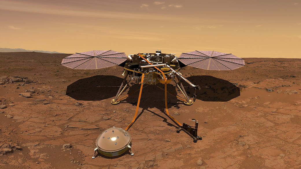 An artist’s rendition of the InSight lander operating on the surface of Mars